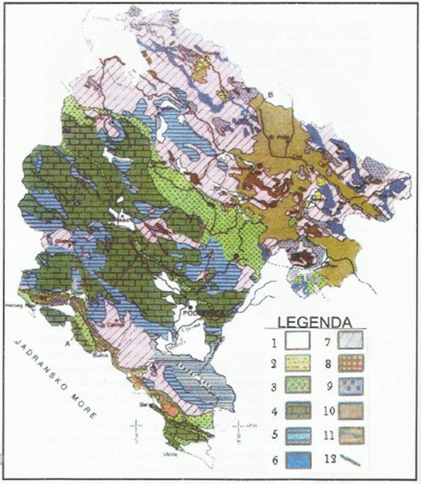 Figure 2.13. Overview of the geological map of the area of Montenegro (Legend: 1. Alluvial and glacial sediments; 2. Neogene sediments; 3. Cretaceous and palaeologus flysch; 4.
