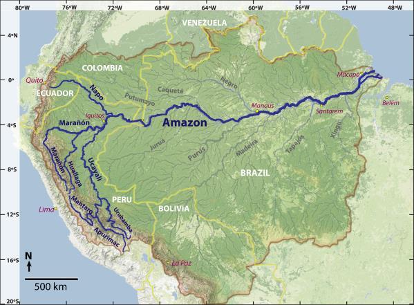 The Amazon River is located in South America and it drains a large area that is
