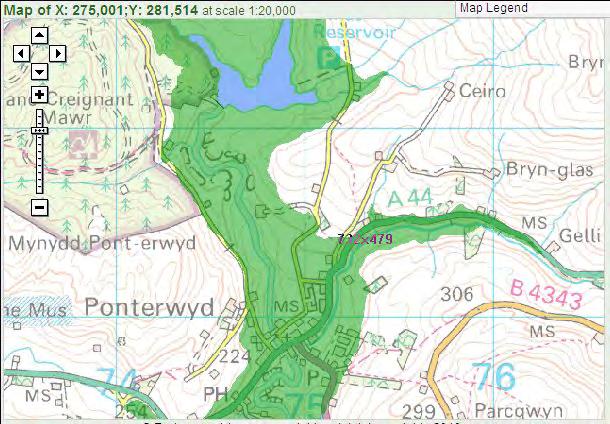 Figura 2 4 Shembull i Hartës së Përmbytjes në Rast të Avarisë së Pendës, MB Source: UK Environment Agency Green area shows area of inundation after a Dam failure Rolet dhe përgjegjësitë e MMPH,