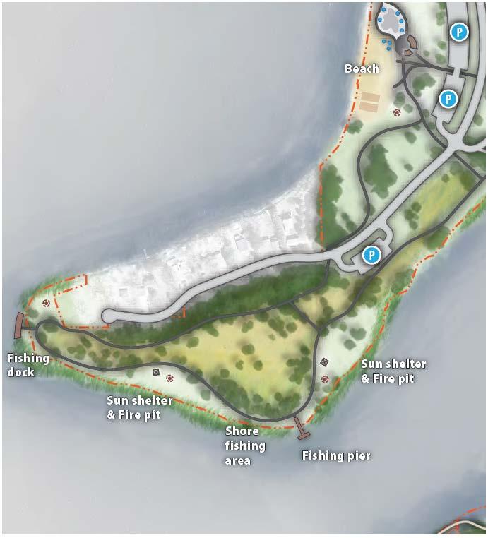 Echo Point 10-year development plan for this area will include paved trail loop, shore fishing area, fishing pier, fishing dock, two sun shelters with picnic tables and fire pits, and a potential