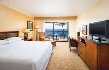 Every guest room is comfortably appointed overlooking the lush gardens, lava rock waterways or swimming lagoons.