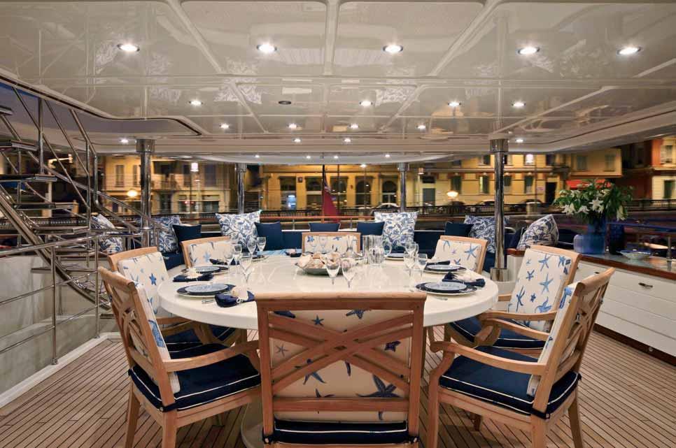 This page: some shots of the external spaces on board Lady Trudy: below, the large table in the alfresco dining area on the aft upper deck. On the facing page, below, the hi-tech wheelhouse.
