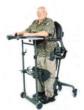 The shadow tray, available on Bantam and Evolv series standers, provides constant anterior support with an accessible tray throughout the sit to stand transition.