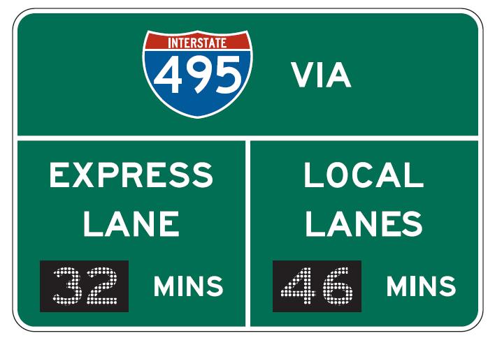 Guide signs for managed lanes comparative travel times