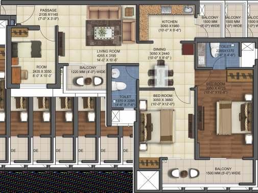 MIG-1 Typical Floor Plan: 2 BHK Super Area: 102.19 sq. mtr./1100 sq. ft. Built-up Area: 83.61 sq. mtr./900 sq.