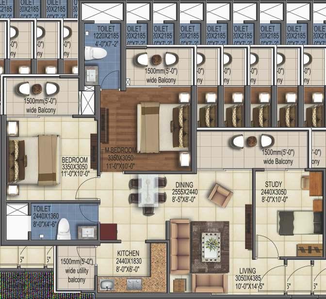 GREATER NOIDA (WEST) HIG-1 Typical Floor Plan: 2 BHK+Study Room Super Area: 110.55 sq. mtr./1190 sq. ft. Built-up Area: 88.25 sq. mtr./950 sq. ft. Carpet Area : 65.