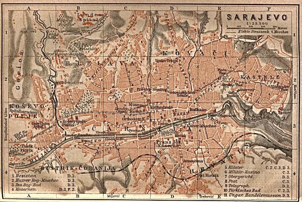 This 1905 Baedeker tourists' map of the city of Sarajevo shows