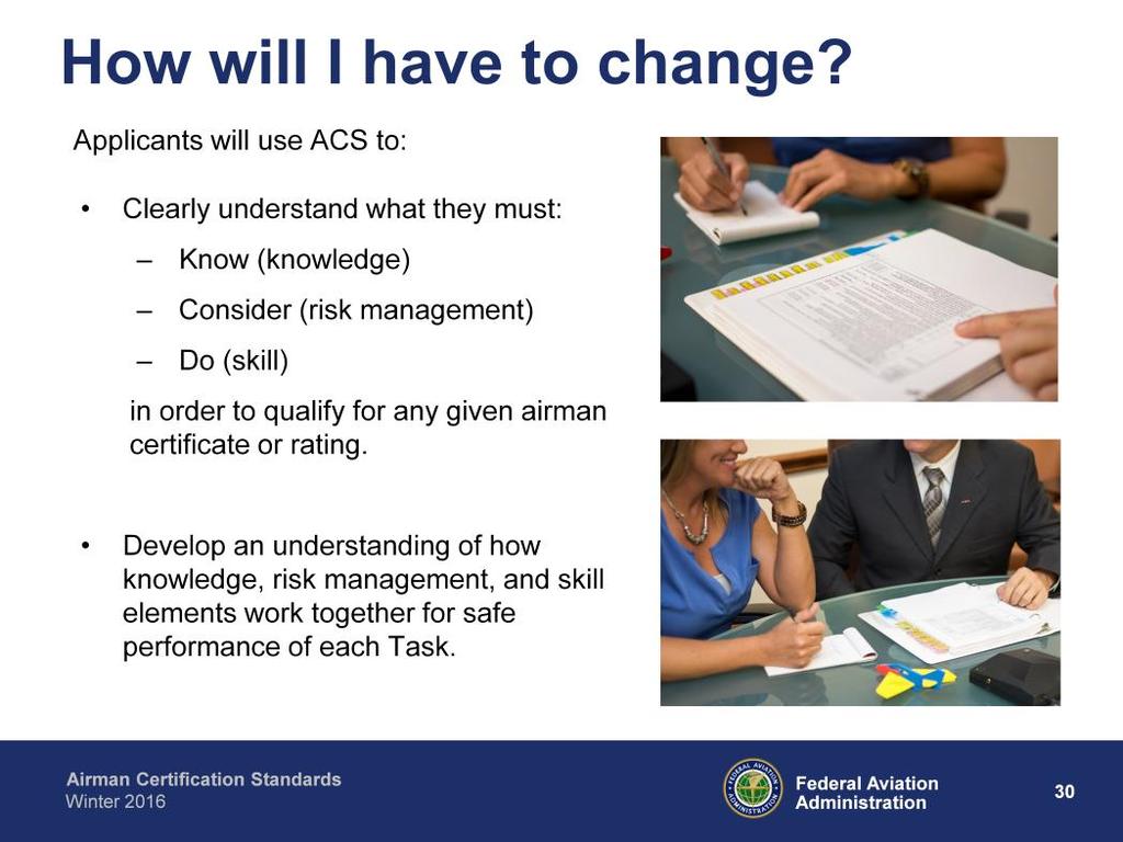 Applicants will use ACS to: Clearly understand what they are expected to: Know (knowledge) Consider (risk management) Do (skill) to qualify for any given