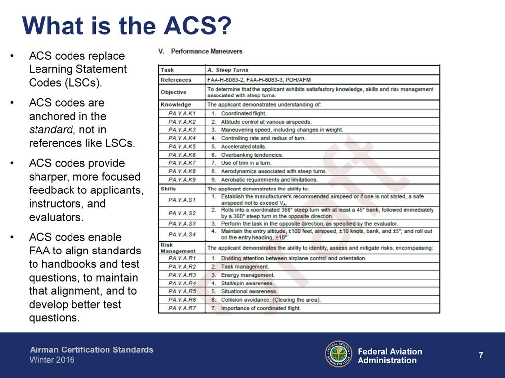 When the Airman Certification Standards approach is implemented, ACS codes will replace the Learning Statement Codes (LSCs) that are used on the airman test report right now.