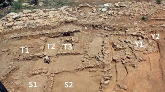 The removal of the rubble that covered the area to the south of the long wall CT-001 revealed three small rooms (T1-T3 in Figure 3), which for convenience have been grouped into Unit T (Figure 3,
