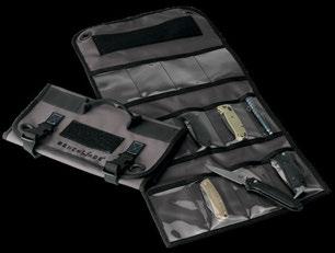 STYLE Knife Roll COLOR Gray with black accents MATERIAL 1680 nylon and urethane coating construction CAPACITY Holds up to eleven knives and two pens EXTRA
