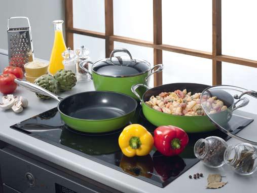 Featuring seven different pans including four frying pans, two sauce pans and one sauté pan, all have glass lids and stylish stainless steel handles.