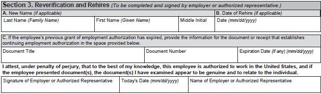 Section 3 or on a new Form I-9 if his or her temporary employment authorization has expired.