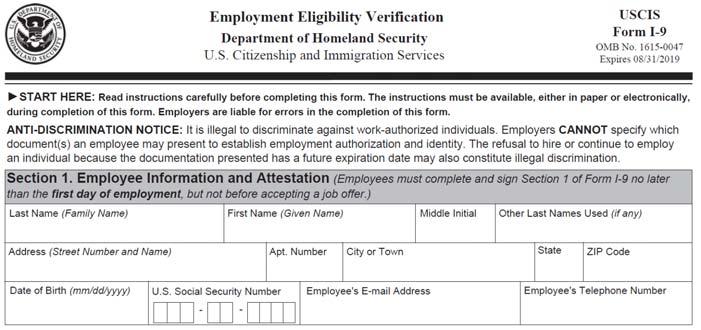 Completing Form I-9 SECTION 1: EMPLOYEE INFORMATION & ATTESTATION To be completed by EMPLOYEE. Employer MUST verify Section 1 is COMPLETE.