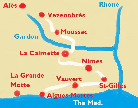 ] The Gardon is extraordinarily wide at Ners, with its stone bridge, and the fortified hamlet of Lascours a real treat. The views over the Garrigues are splendid and the wine very much AOC.