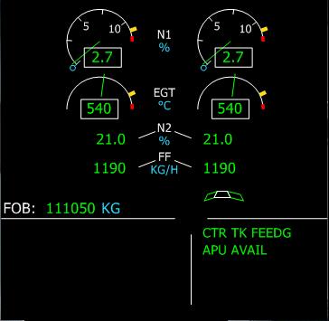An 'AVAIL' message appears on the APU page and an ECAM message displays 'APU AVAIL'. The APU is now ready to provide air and electricity. The APU can be started at any altitude and at any airspeed.