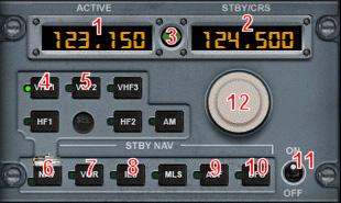 The Captain's RMP can be used to set VOR1 and the FO's RMP for the VOR2. 1. Active frequency window shows the current frequency used for the selected radio. 2.