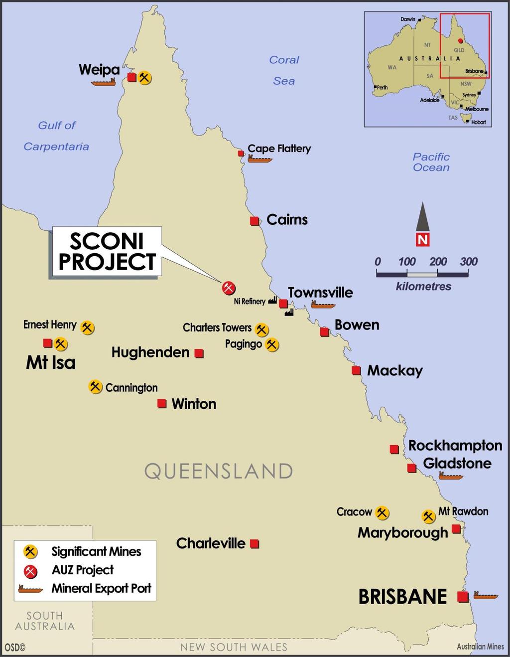 Figure 1: The Sconi Project a joint venture between Australian Mines and Metallica Minerals - is located in North Queensland, approximately 250 kilometres on sealed