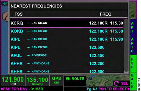 Nearest FSS Frequency Control When the NEAREST FREQUENCIES box is displayed, pushing the FSS bezel softkey displays a list of the flight service station (FSS) frequencies, as shown in Figure 5--16.