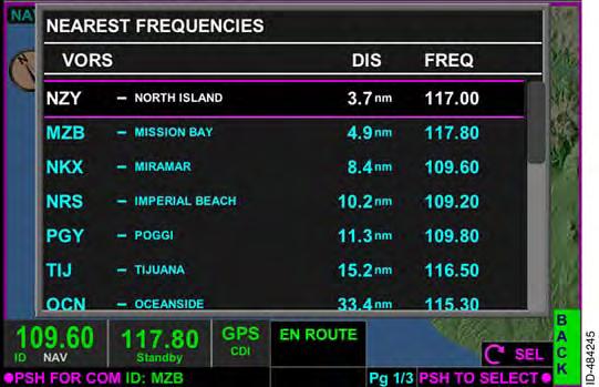 Nearest NAV Frequency Control Pushing the NRST bezel softkey when the NAV radios are selected displays the NEAREST FREQUENCIES pop--up window, shown in Figure 5--17.