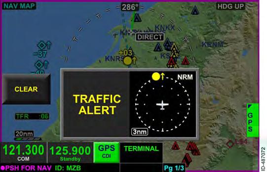 aircraft. When a TA occurs, an amber TRAFFIC ALERT annunciator is displayed in the lower--center of the screen along with a thumbnail size traffic view, as shown in Figure 9--3. NOTES: 1.