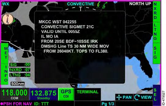 When the AIRMET/SIGMET description ( MET ) bezel softkey label (at 1L) is active, a textual description of the highlighted convective item is displayed, as shown in Figure