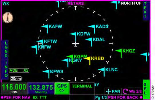 The METARS page displays graphical METAR data as colored flags, as shown in Figure 10--11.