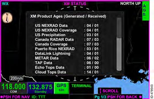 XM PROUCT AGES The age of each product is displayed as a time annunciation on each weather page. In addition, the pilot can view a list of each product s age from the XM Product Ages screen.