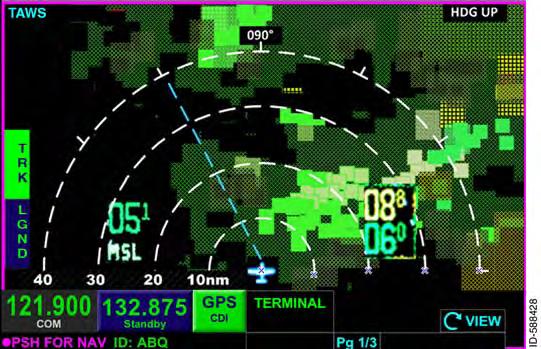 When in heading mode, the TRK bezel 1L softkey enables the display of a dashed cyan track line (from aircraft symbol to the outer range arc) in the TAWS view, as shown in Figure 13--2.