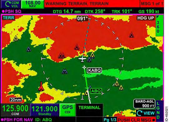 TAWS Pop -Up Mode When a TAWS warning occurs, a red WARNING TERRAIN, TERRAIN annunciator is displayed in the text data bar and PUSH CLR MSGS is displayed in the lower--right corner, as shown in