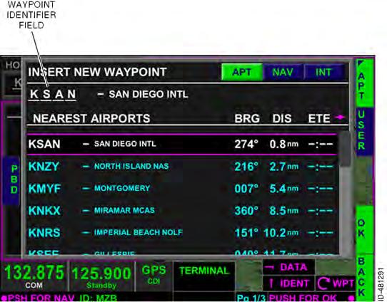 Selecting the INS bezel softkey displays the INSERT NEW WAYPOINT pop--up window. KSFO is the desired destination airport, however it is not displayed in the nearest airports pop--up window.