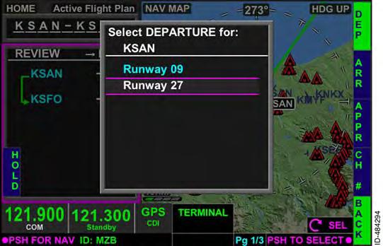 For the example flight plan, the Pebble 4 departure for KSAN departing runway 27 is to be entered. Pushing the EP bezel softkey displays the Select EPARTURE for: page, shown in Figure 15--18.