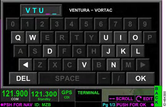 When selected, the QWERTY keypad pop--up window is displayed. For the example flight plan, VTU is manually entered, as shown in Figure 15--24. Selecting OK inserts the waypoint into the flight plan.