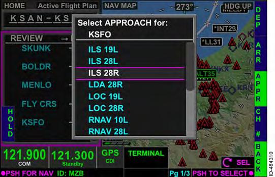 For the example flight plan, the ILS 28R approach for KSFO is to be entered. Pushing the APPR bezel softkey shown in Figure 15--33, displays the Select APPROACH for: page shown in Figure 15--34.