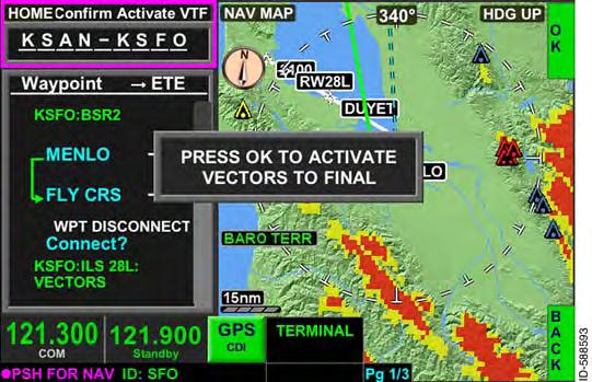 The VTF bezel softkey label is displayed on the left side of the waypoint list when the waypoint list or home window is selected and the vectors to final approach transition is available.