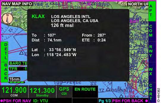 The navigation map view defaults to the barometric terrain overlay, north--up view, and declutter level on high. These defaults cannot be changed by the pilot when in the search navigation map view.