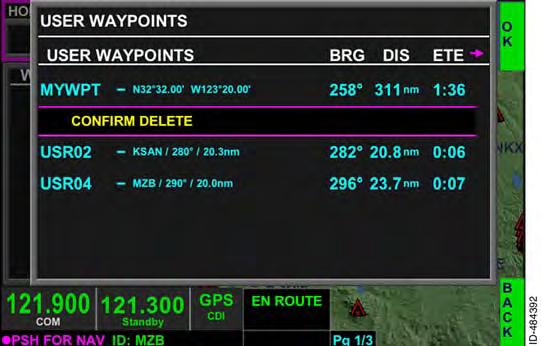A single custom user waypoint is deleted by using the joystick knob or touchscreen to highlight the desired waypoint and then pushing the EL bezel softkey.