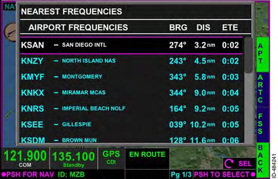 Nearest Airport Frequency Control Pushing the NRST bezel softkey shown in Figure 5--9, displays the NEAREST FREQUENCIES window shown in Figure 5--13.
