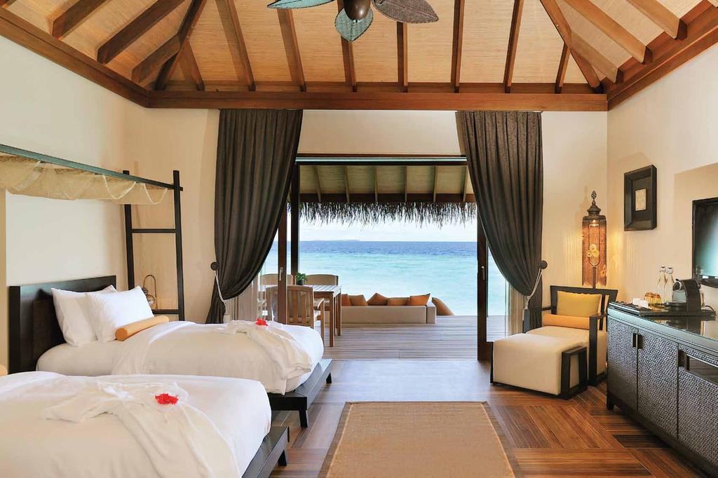 Sunset Ocean Suites Offering absolute luxury and serenity over the Indian Ocean, these over-the-water suites offer a master bedroom with private bathroom and a living area with a glass floor