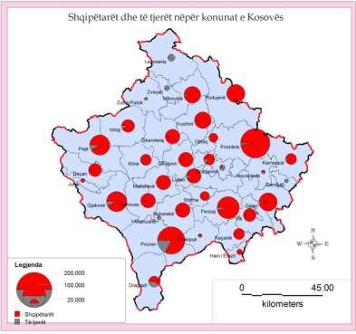 Në hartën tematike pasqyrohet mirë shpërndarja e tyre në Kosovë. Ajo ka përqendrim minoritetesh në disa komuna të cilat të grupuara janë pasqyruar në 5 nivele (Harta 16).