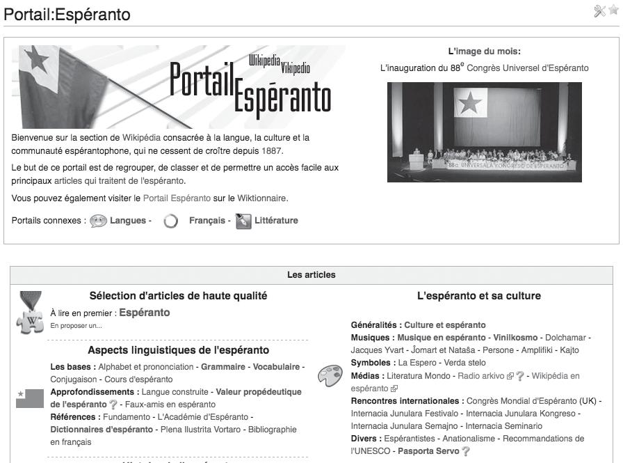 Portalo estas speciala vikipedia paĝo, kiu prezentas artikolojn pri iu temo. Jen la Portalo Esperanto en la franclingva Vikipedio.