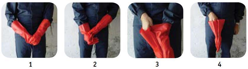 Kako pravilno skinuti rukavice za višekratnu upotrebu 1. Skinite jednu rukavicu do pola. 2.