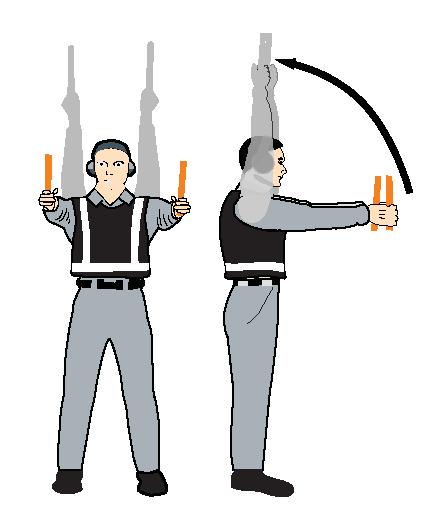 Raise right hand above head level with wand pointing up; move left-hand wand pointing down toward body.