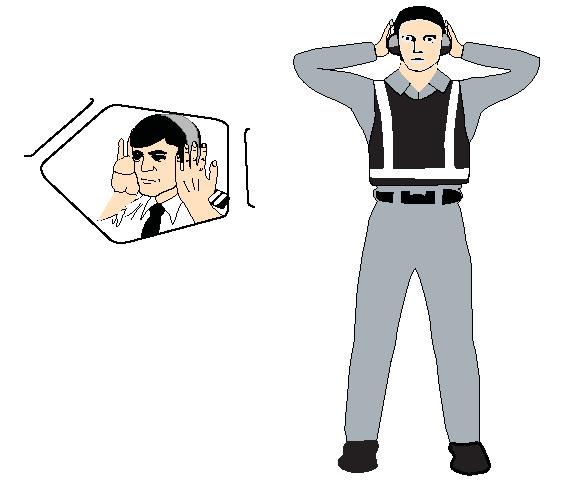 Hold right arm straight out at 90 degrees from shoulder and point wand down to ground or display hand with "thumbs down"; left hand remains
