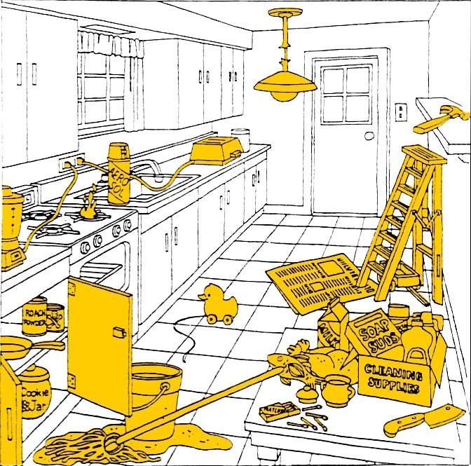 13 Spot the Hazards 1. Blender/blender cord 2. Stove flame 3. Aerosol can 4. Toaster cord 5. Ceiling light 6. Hammer on edge 7. Ladder 8. Toy cart 9. Newspaper 10. Toy Duck 11. Cleaning supplies 12.