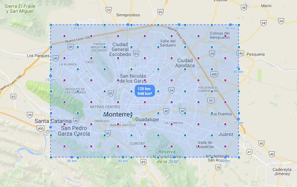 Monterrey 42 equal quadrants ~ 23km 2 each Each demand