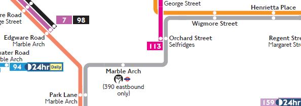 Figure 4 Passengers from the west now using bus routes 10 and 23 will have to use a new route (Salmon pink) and change at either Edgware Road or Park Lane. 3.7.