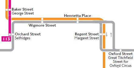 Passengers from the north will have to walk between Orchard Street and Oxford Street or interchange with bus route 390 and travel via Wigmore Street and Henrietta Place.
