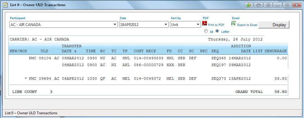 Reports- Example List 0 Clearly Displayed Transaction with all details reported Demurrage amount