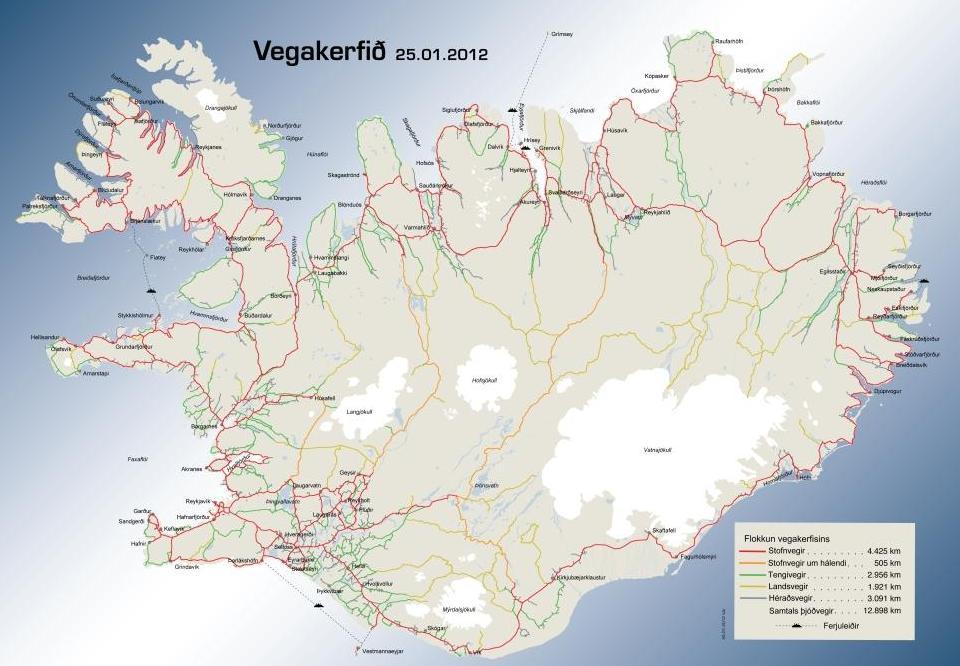 1. mynd. Vegakerfið á Íslandi árið 2012 Categories of roads in 2012 (Viktor A. Ingólfsson 17.9.2012).